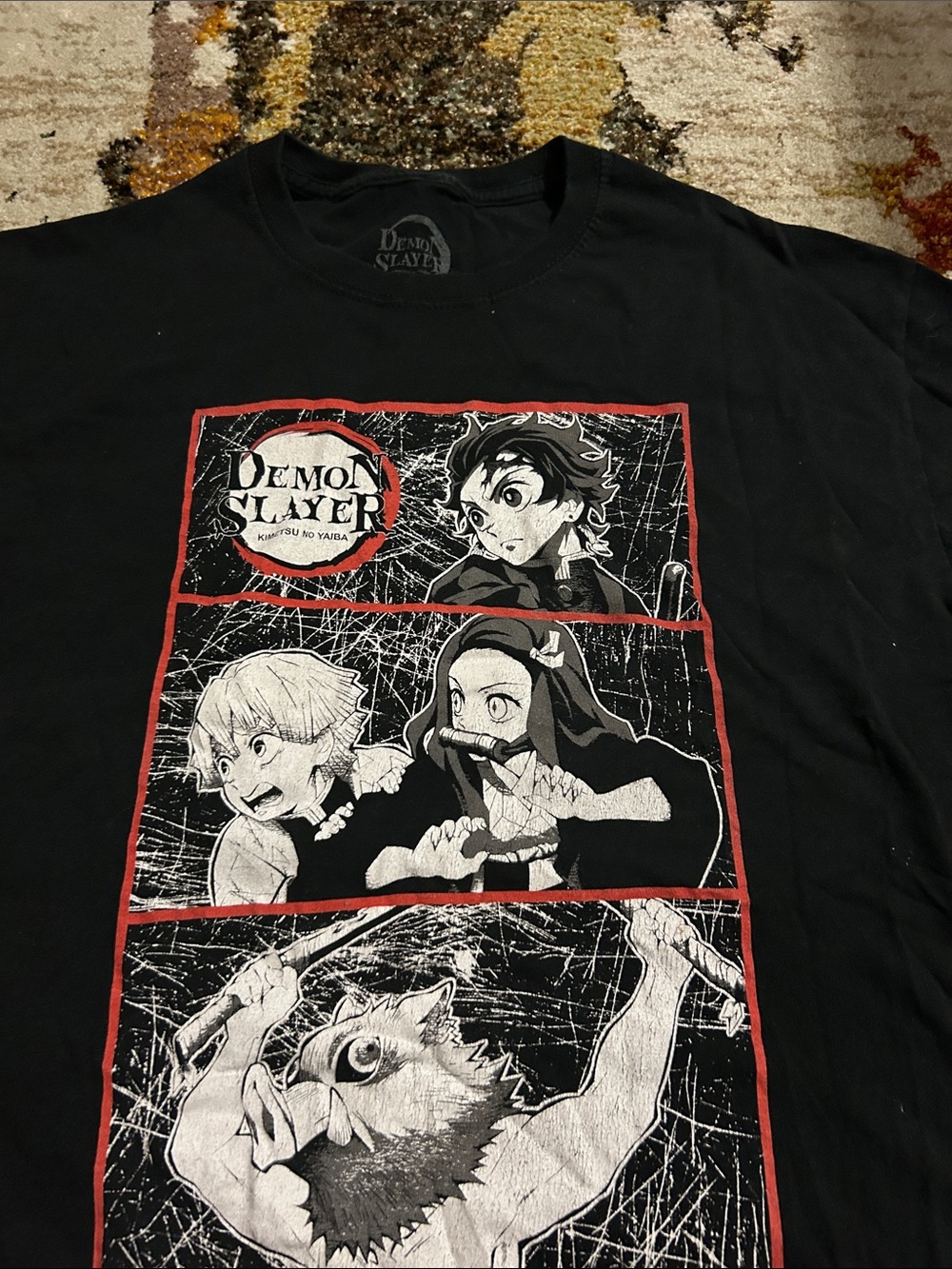 Demon Slayer Black Short-Sleeve Graphic Tee - Anime Panel Design